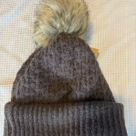 C.C Brown Knit Beanie with Faux Fur Pom - Picture 12 of 14